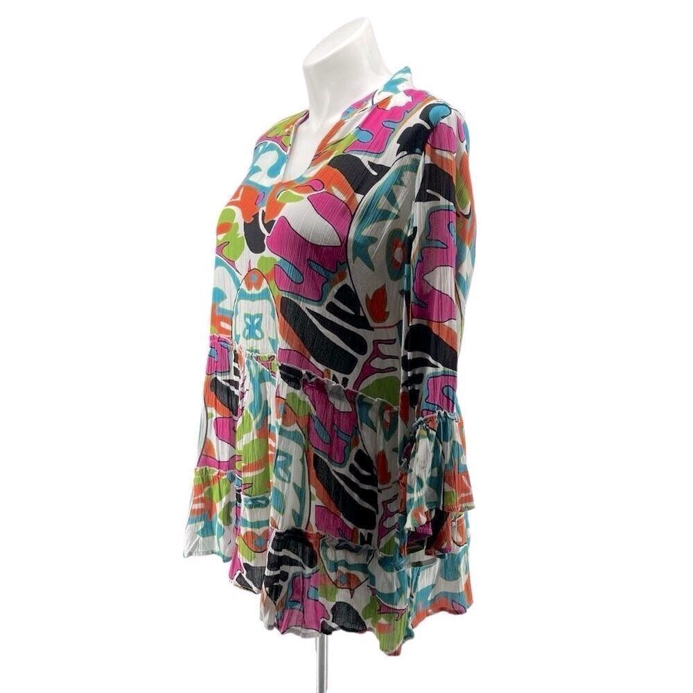 Ashley Stewart Boho Tunic or Mini Dress 14/16 Rayon Bell Sleeves Ruffle Hem - Picture 4 of 15